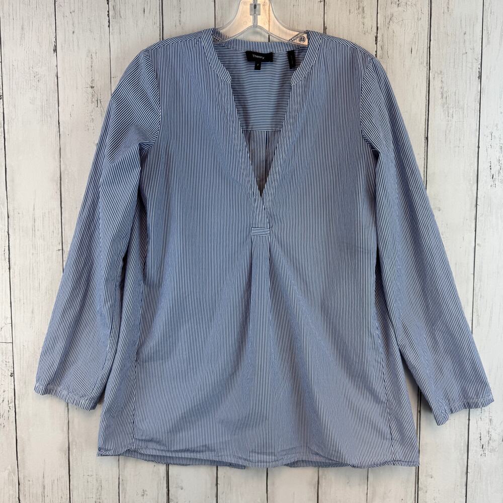 Theory Blue Taff Stripe Ofeliah Cotton Shirt Oversized Long Sleeve Tunic Size P